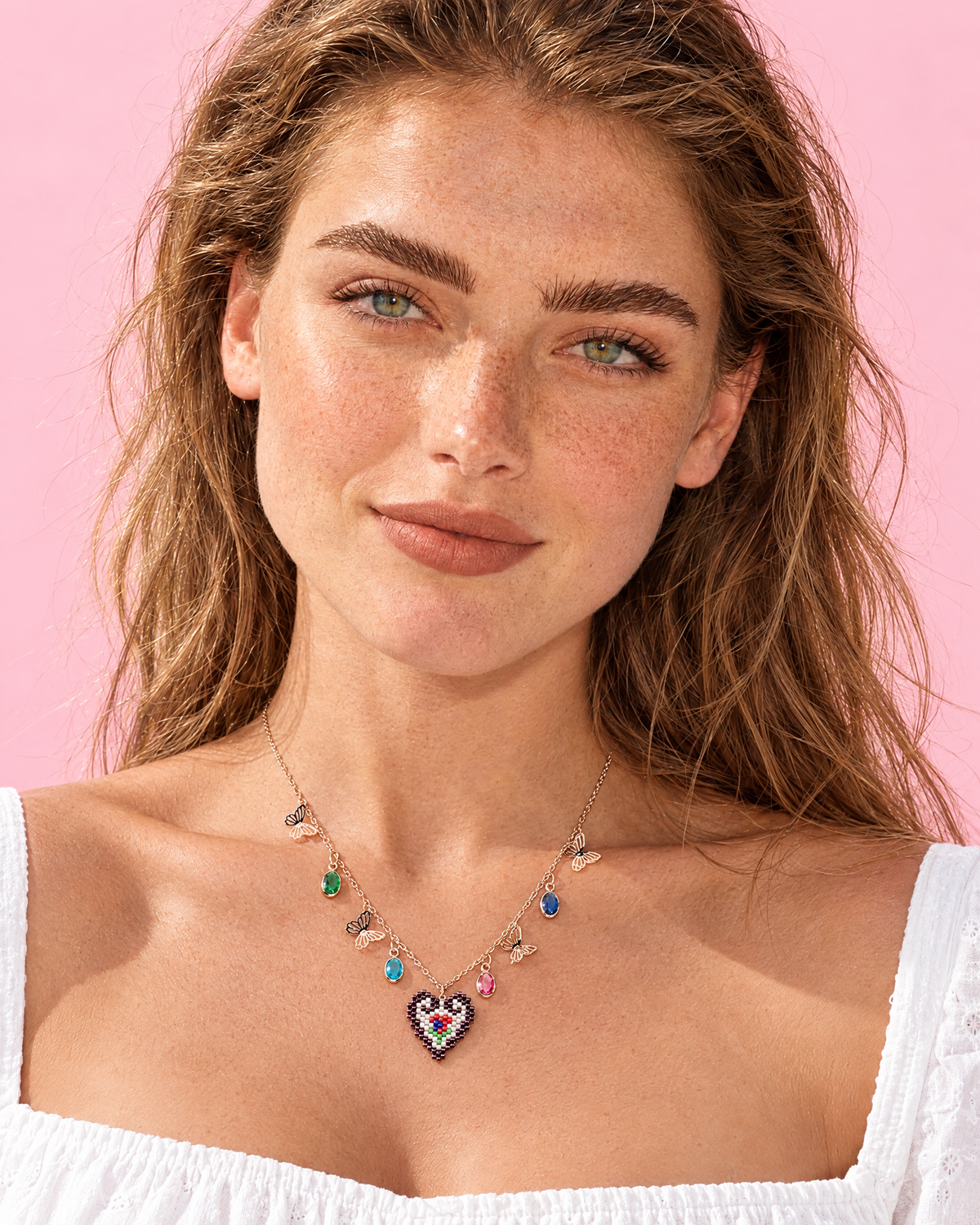 Butterfly Heart Charm Necklace worn at the collarbone