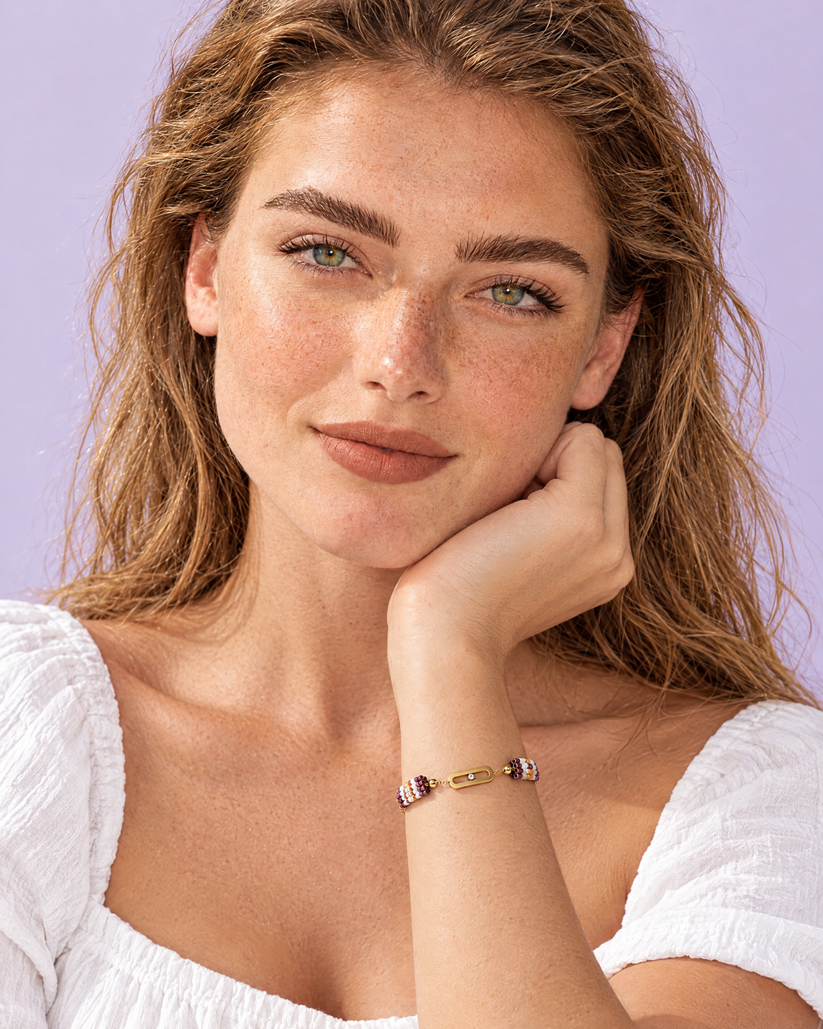 Plum Stripe Charm Bracelet worn on the wrist