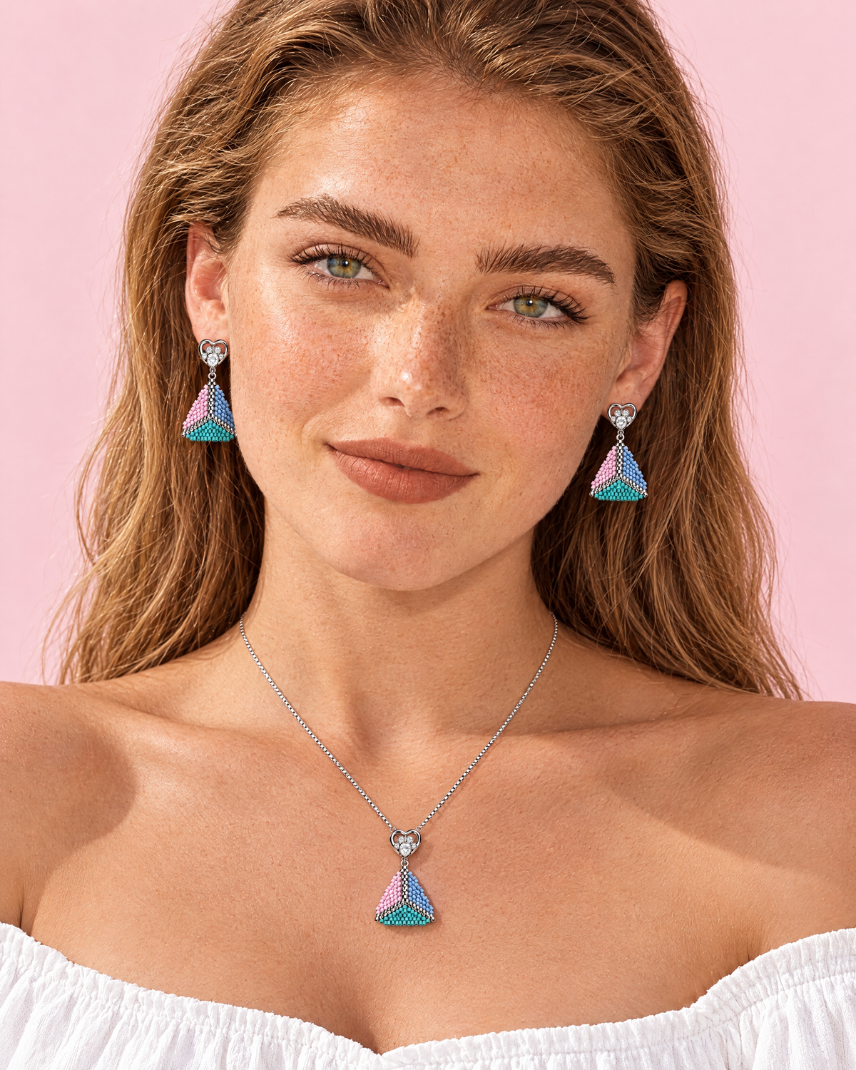 Pastel Pyramid Necklace Set worn with earrings