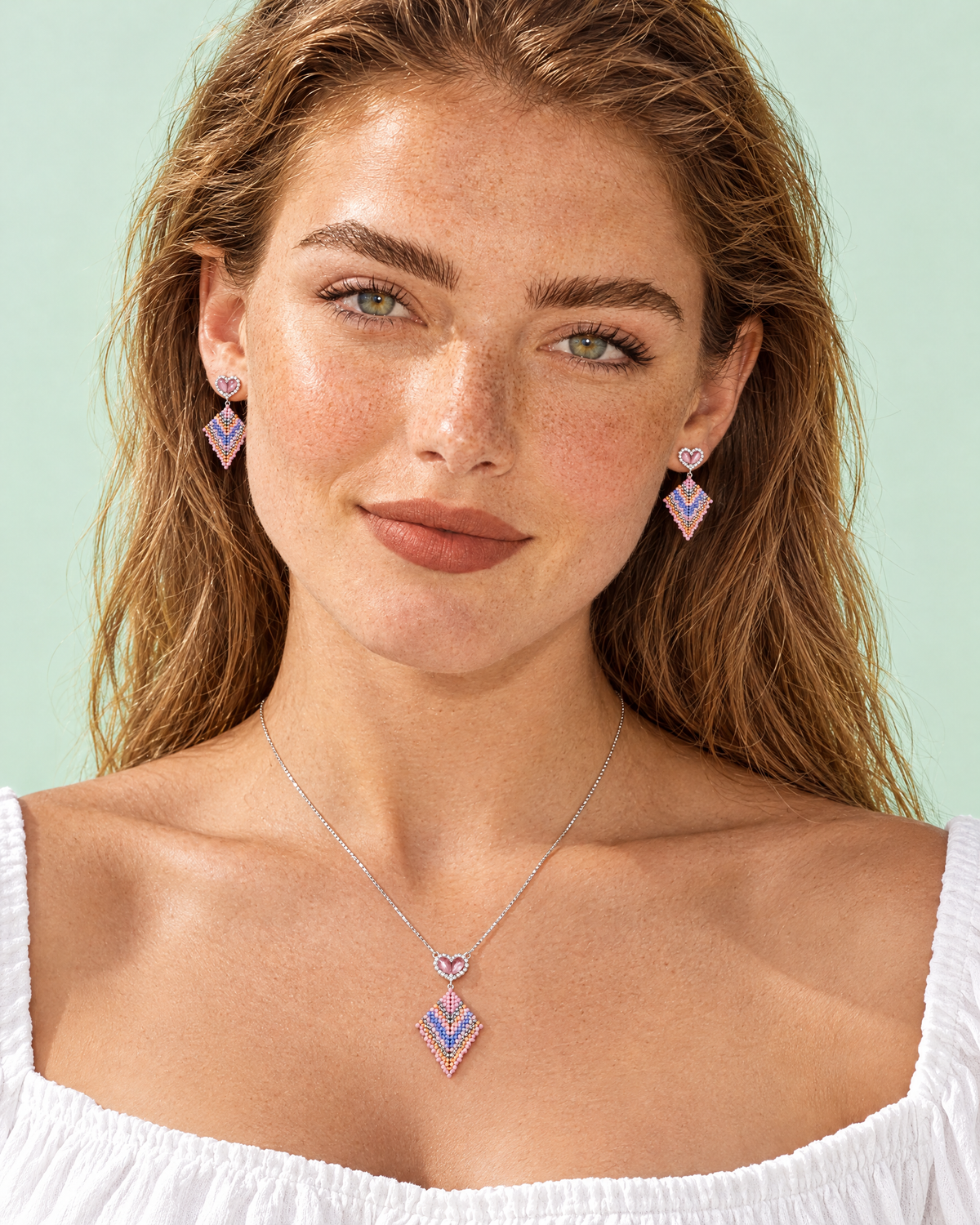 Pastel Kite Pendant and earrings worn