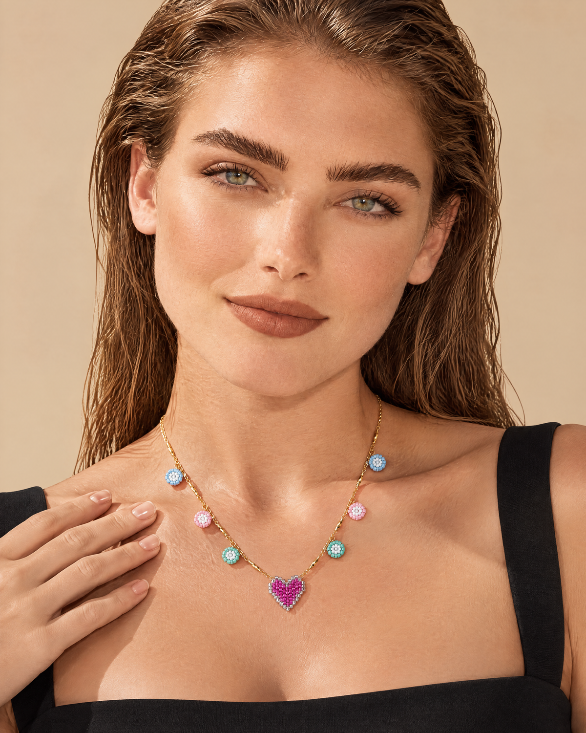 Fuchsia Heart Charm Necklace - worn