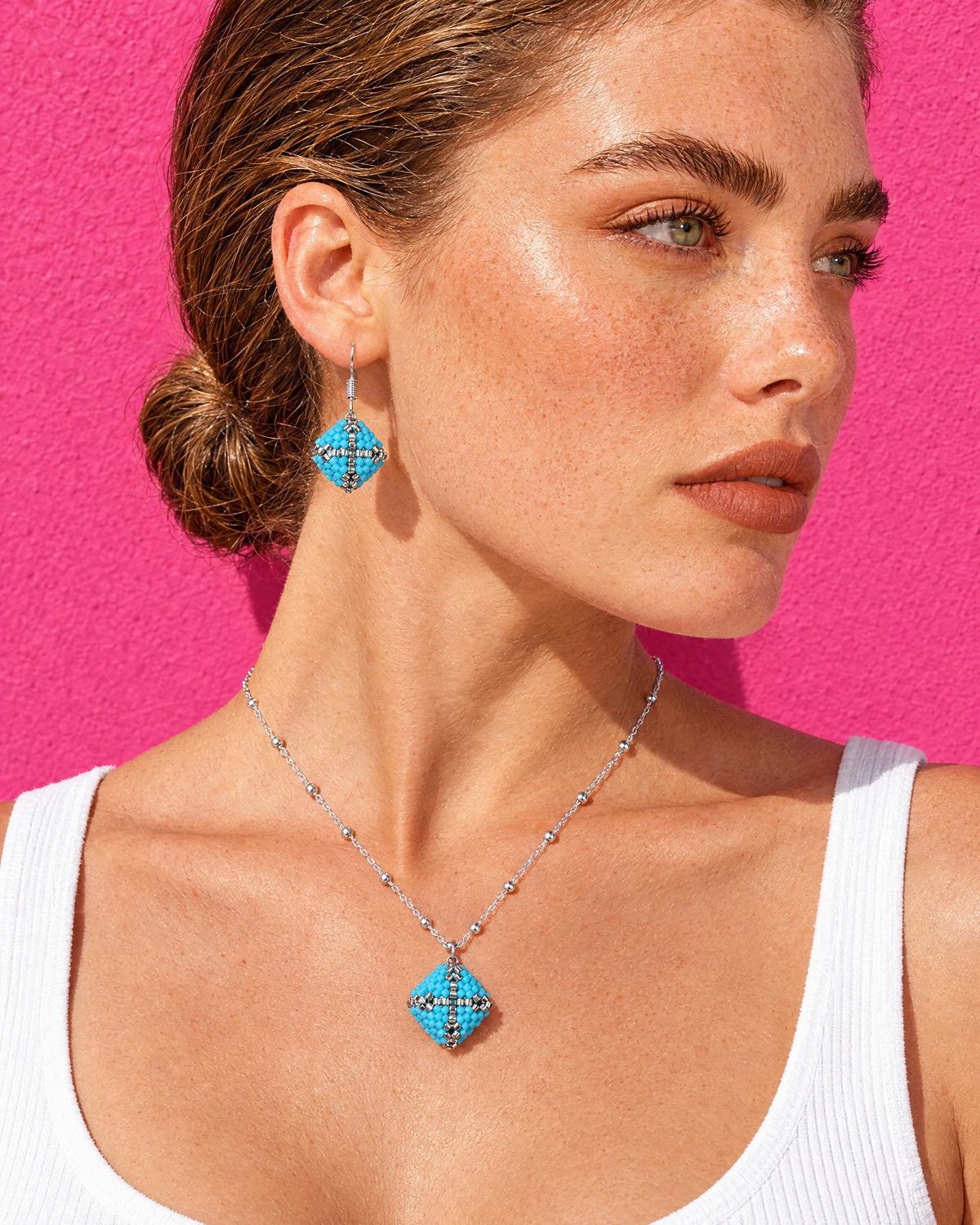 Turquoise Cube Necklace Set - worn