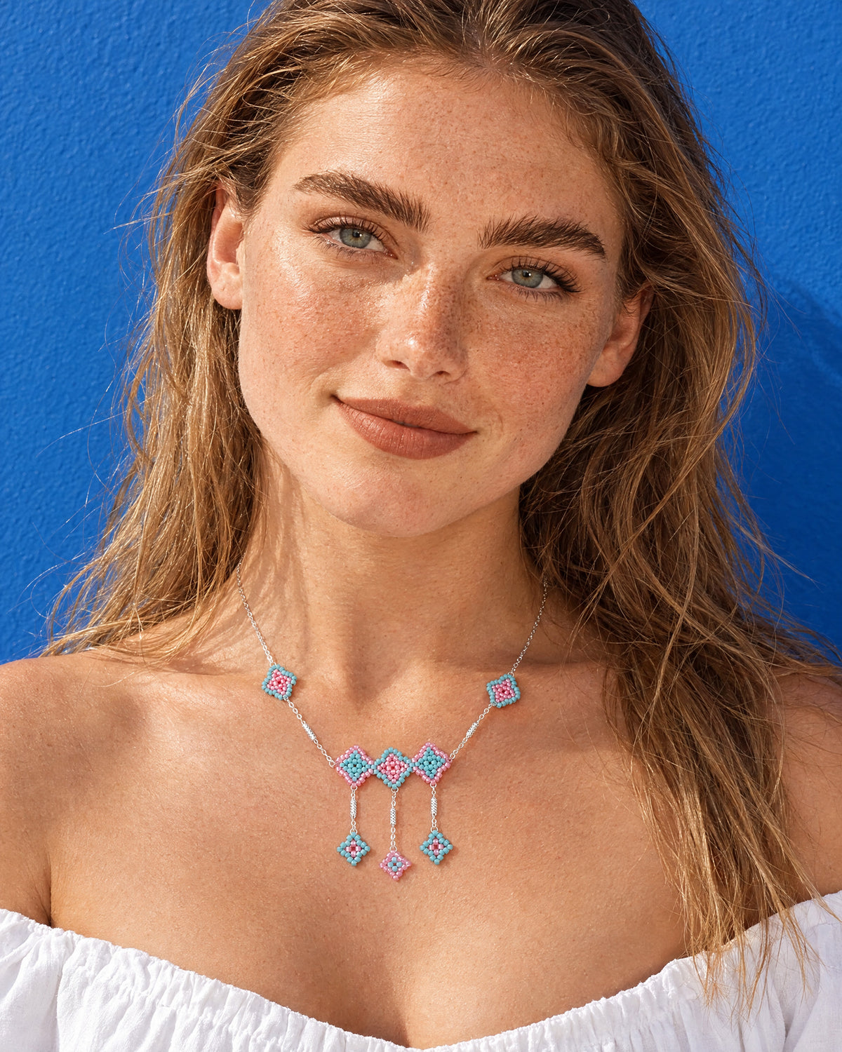 Aqua Rhombus Charm Necklace