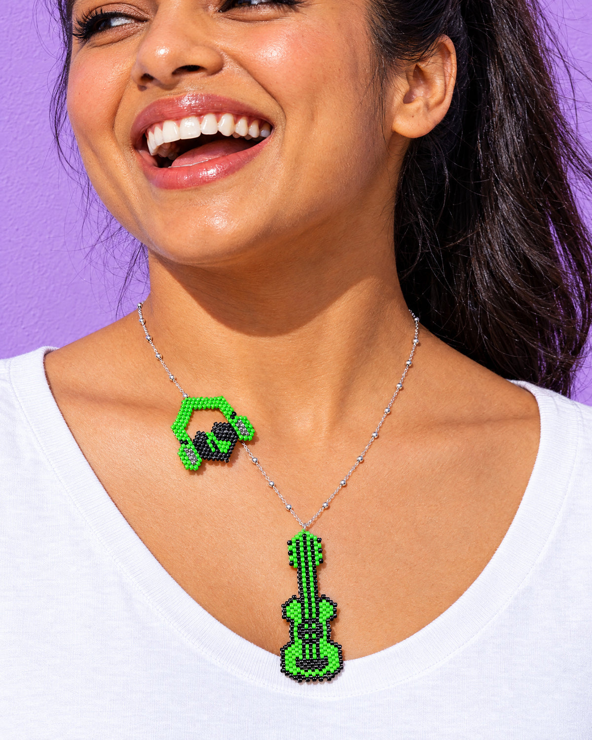 Green Guitar Charm Necklace worn