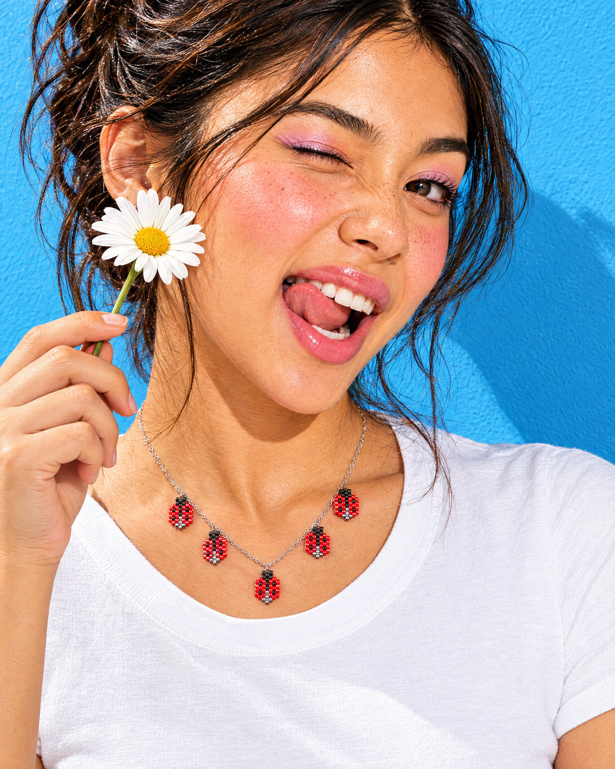 Red Ladybug Charm Necklace worn