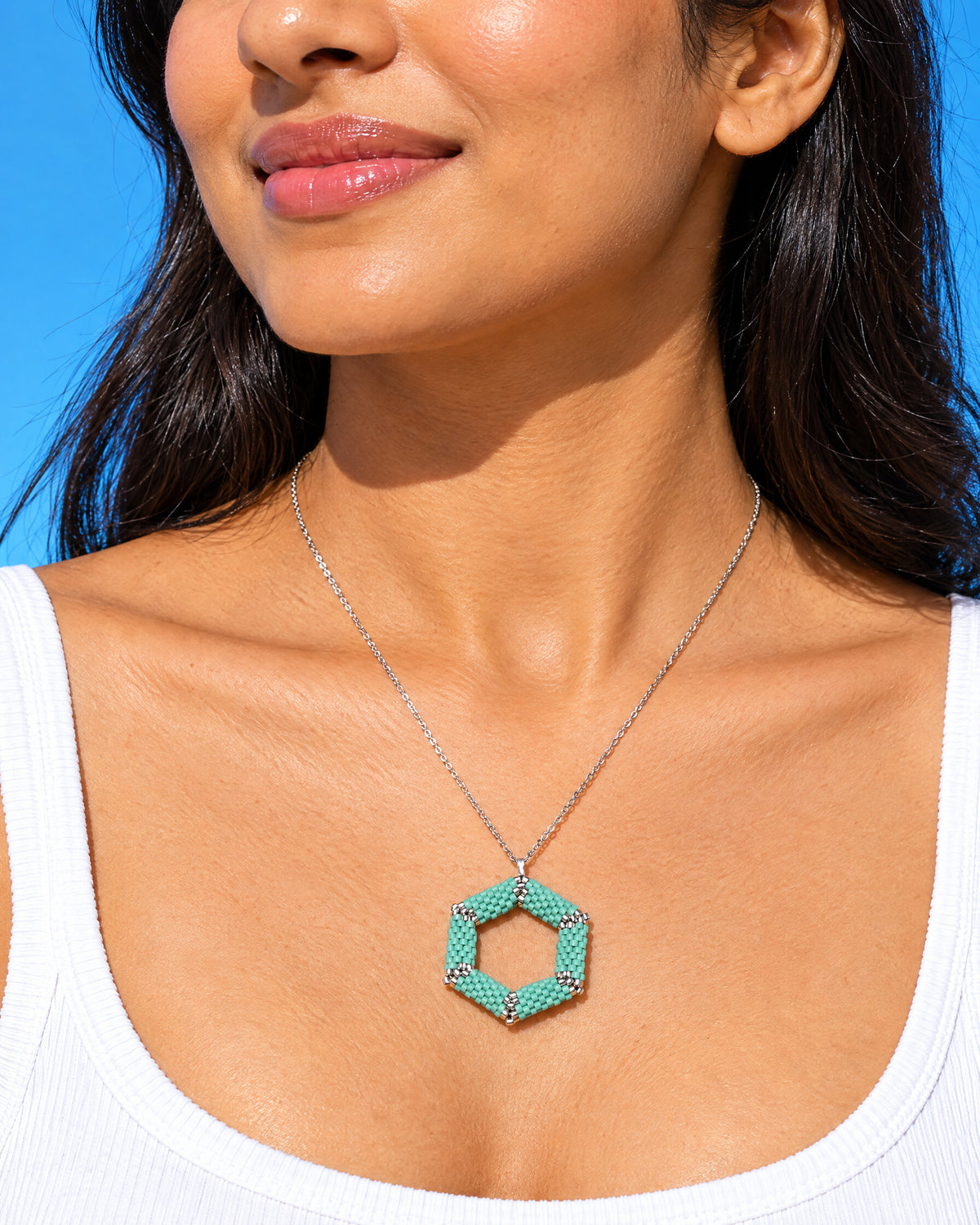 Turquoise Hexagon Pendant worn