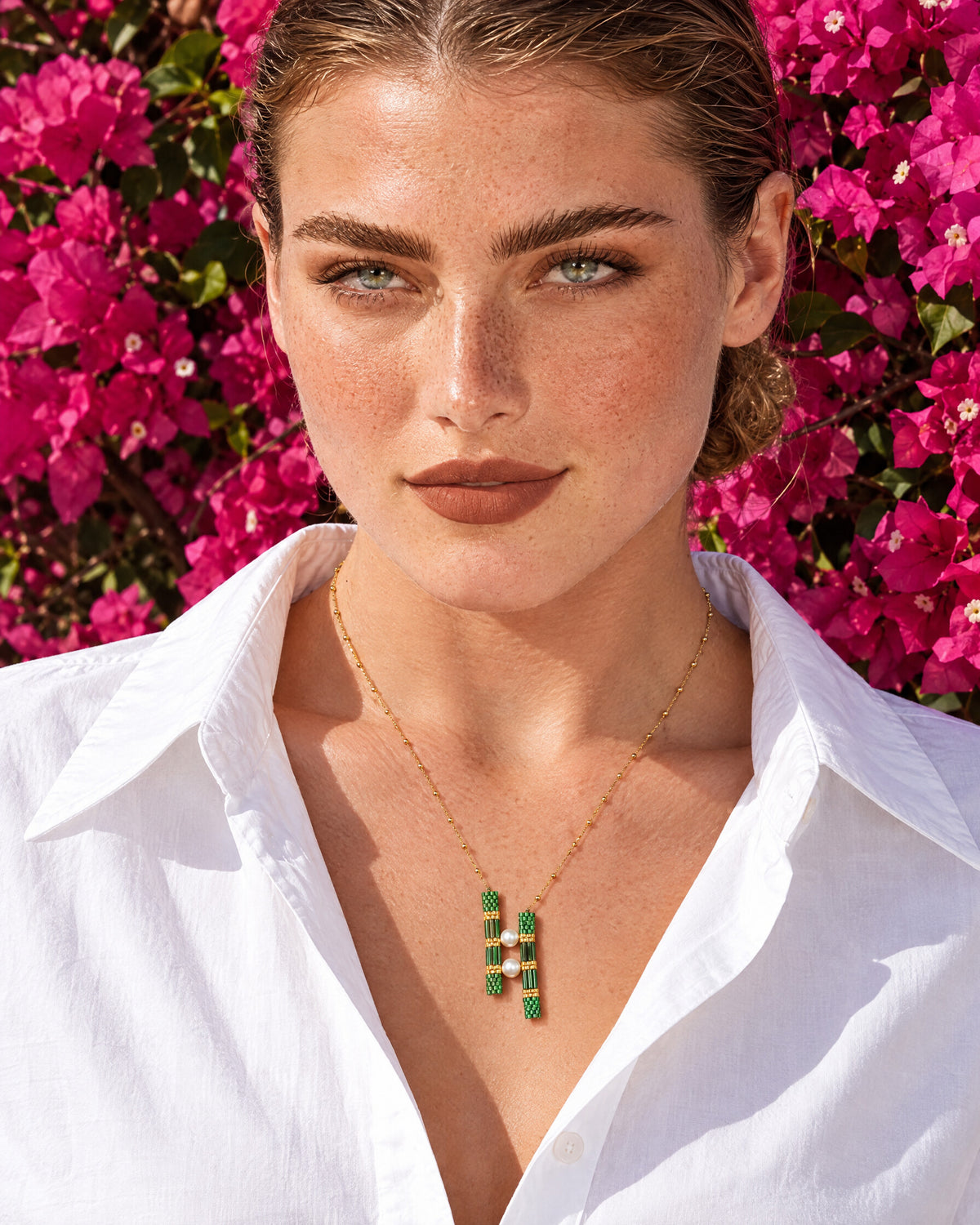 Emerald Twin Bar Pendant worn