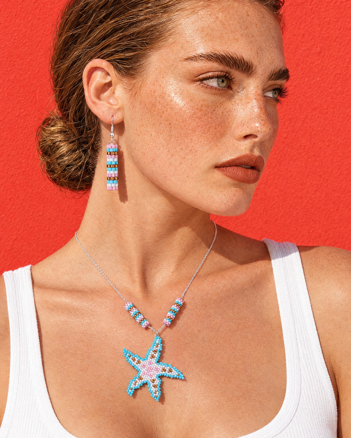Aqua Starfish Pendant worn