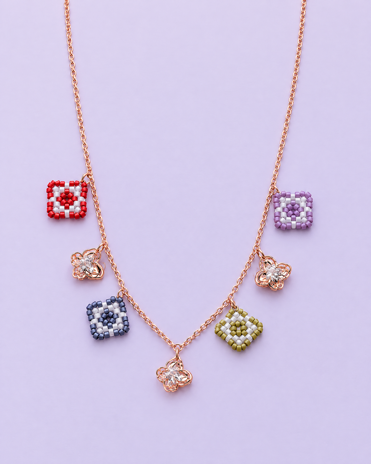 Butterfly Tile Charm Necklace on lavender background
