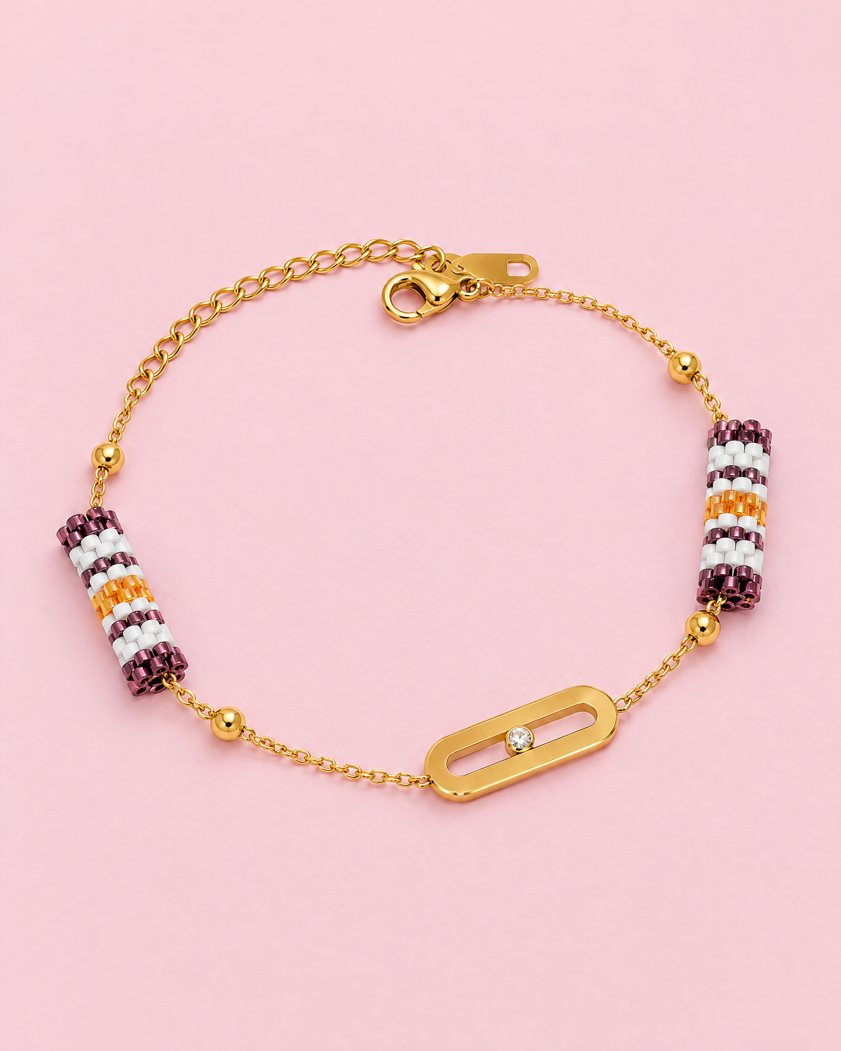 Plum Stripe Charm Bracelet on pink background