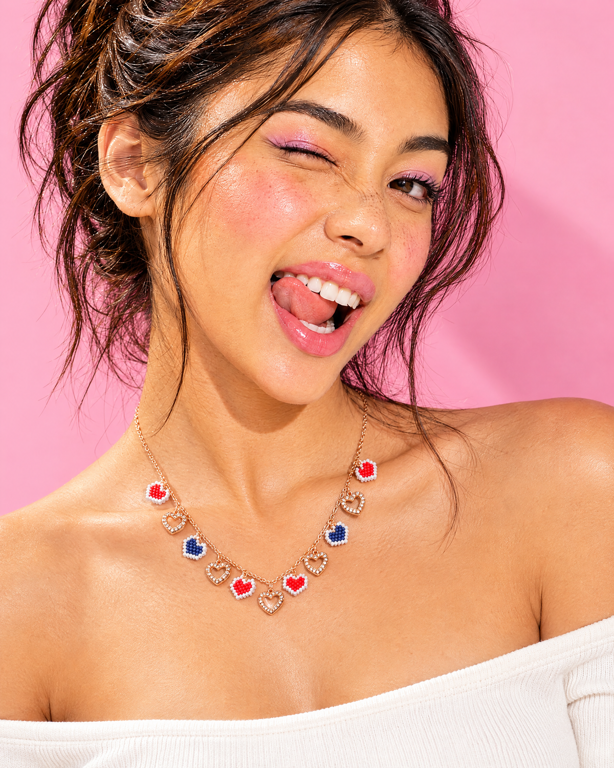 Model wearing the Heartline Charm Necklace