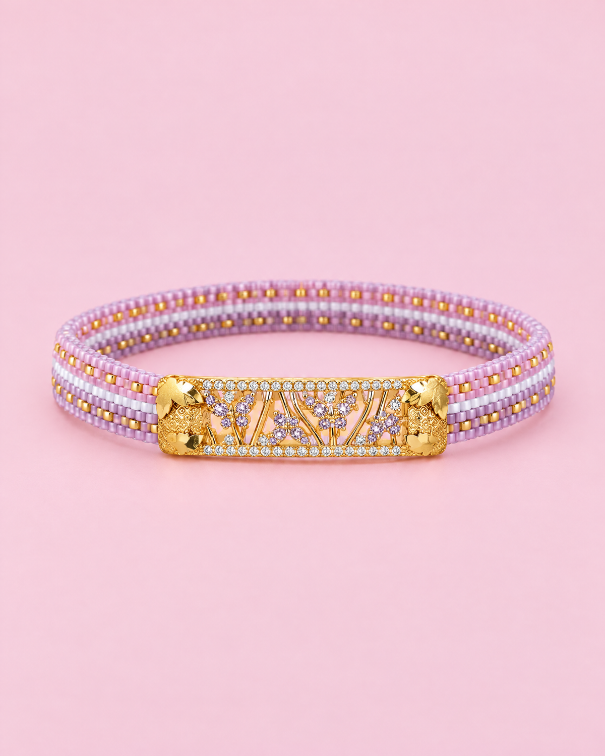 Lilac Butterfly Loom Cuff on pink background