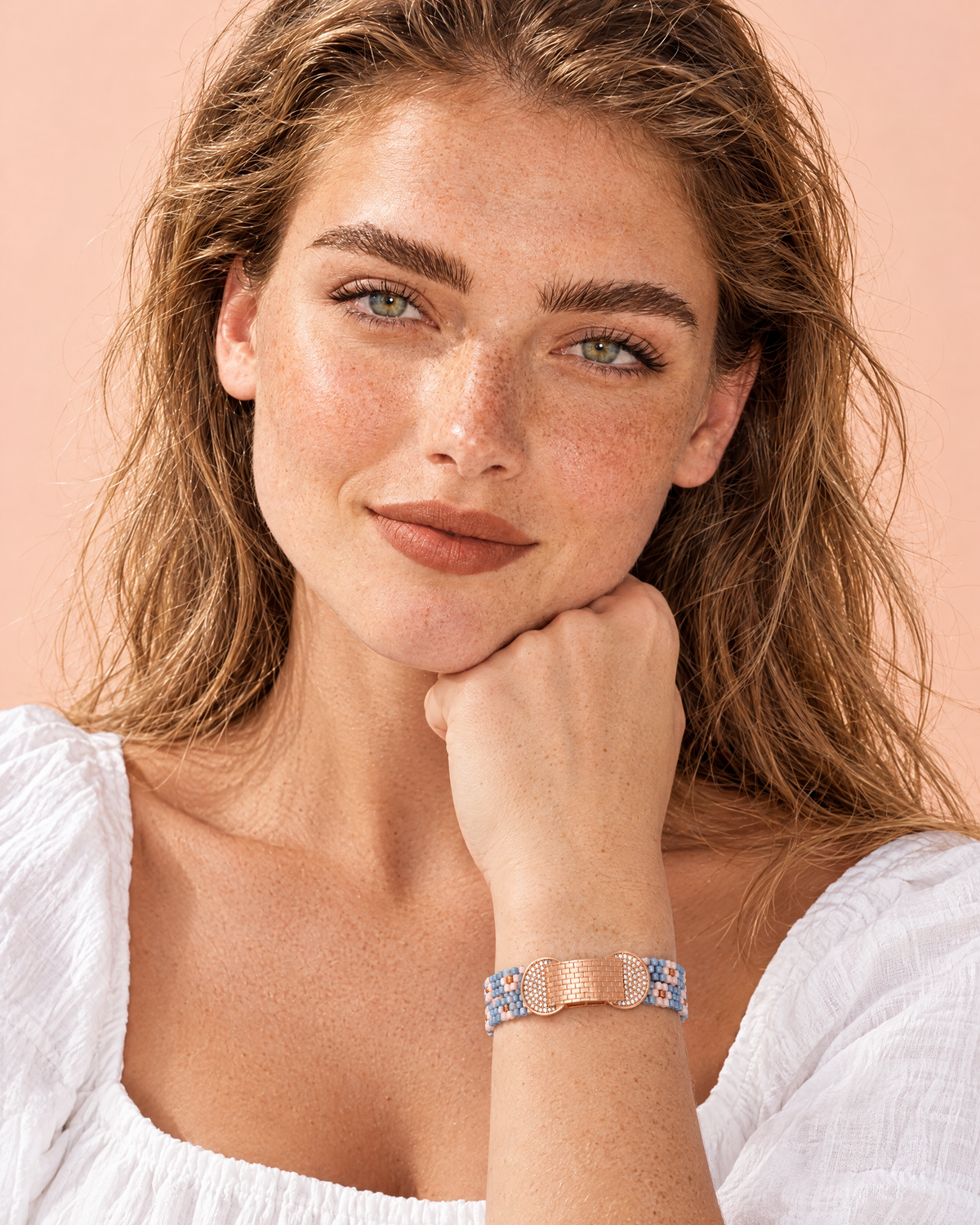Blue Daisy Loom Cuff worn on the wrist