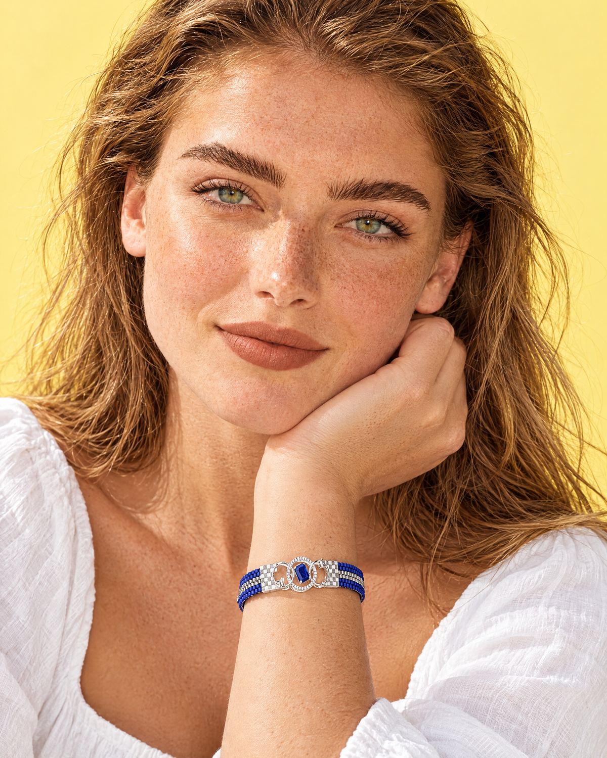Cobalt Crystal Loom Cuff worn on the wrist