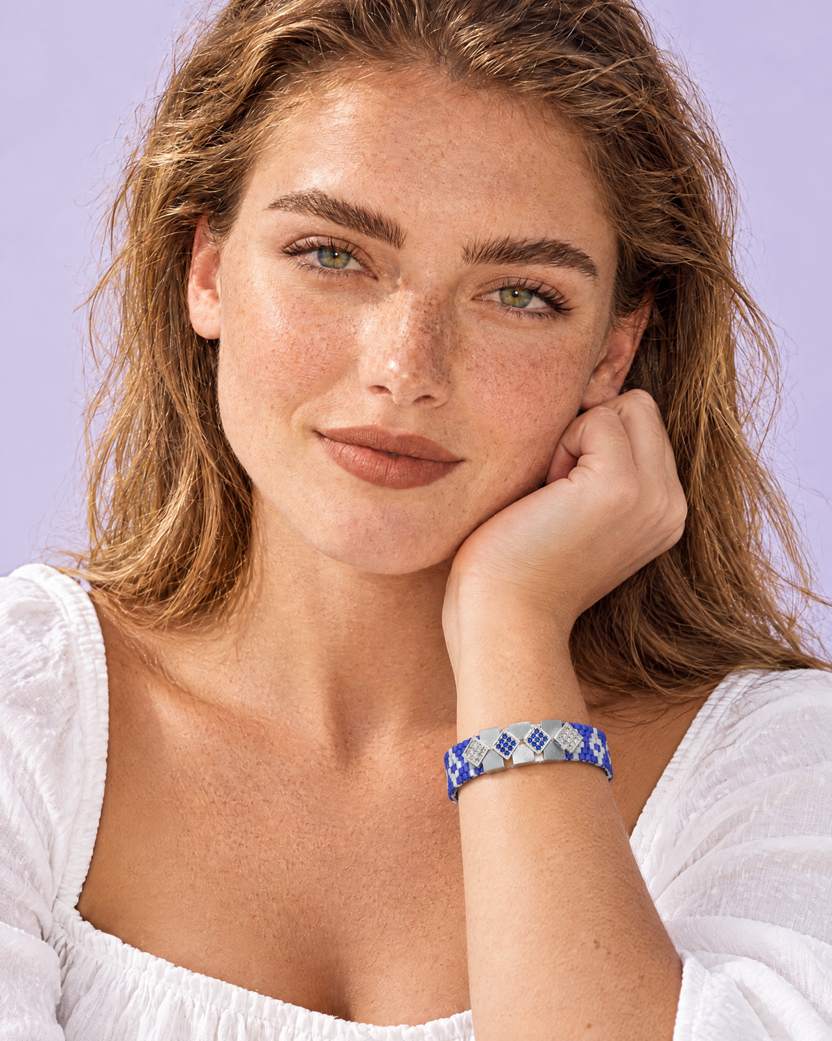 Navy Blossom Loom Cuff worn on the wrist