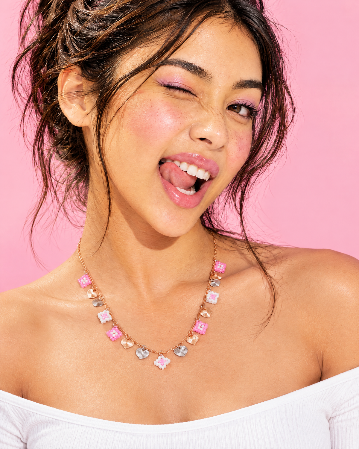 Model wearing the Sunburst Hearts Charm Necklace