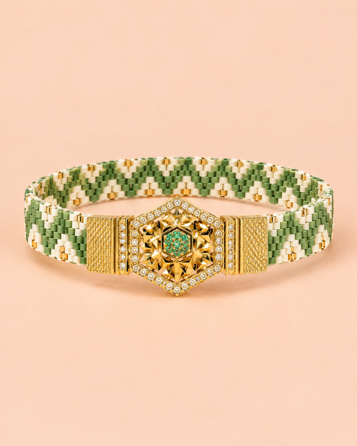 Sage Hexagon Loom Cuff on peach background
