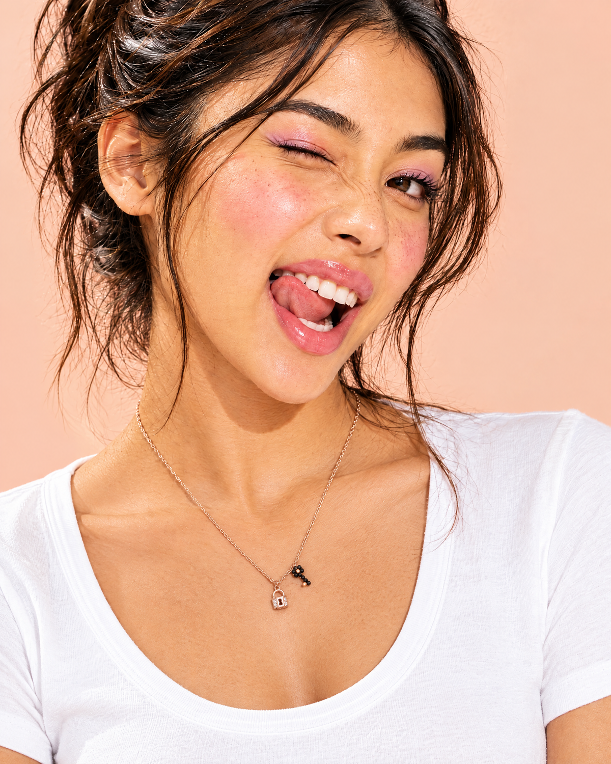 Model wearing the Lock & Key Charm Necklace