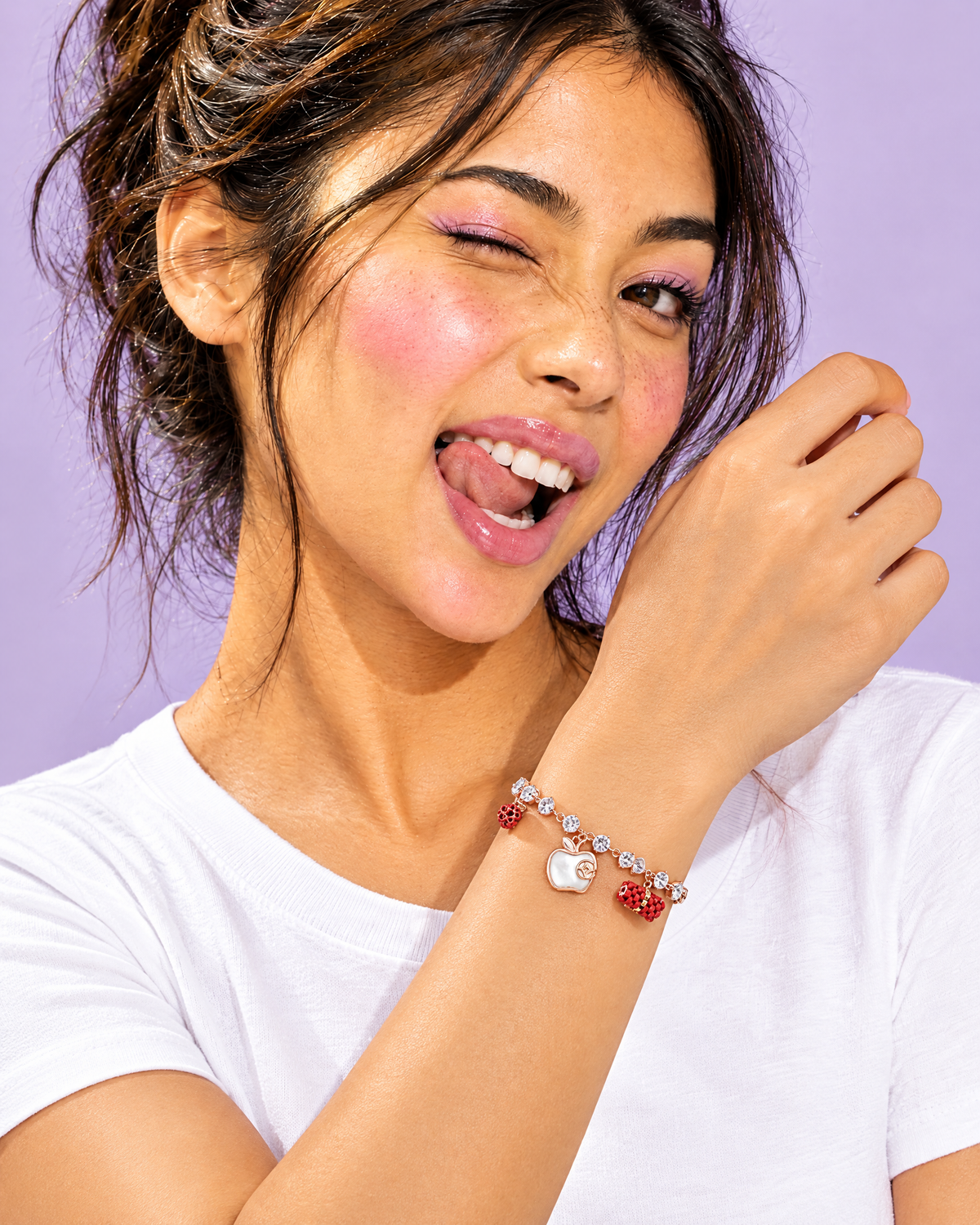 Model wearing the Crystal Apple Charm Bracelet