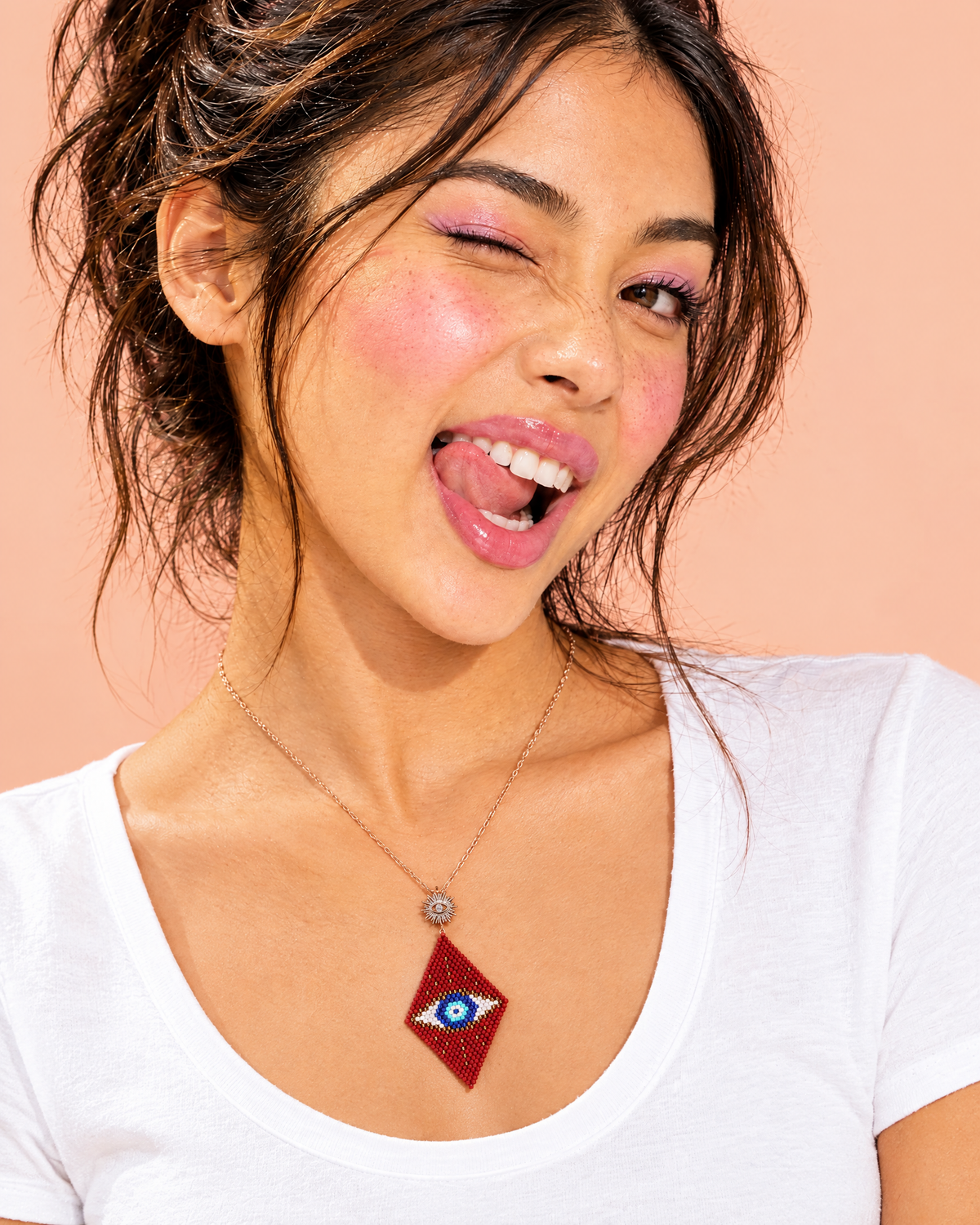 Model wearing the Crimson Evil Eye Pendant