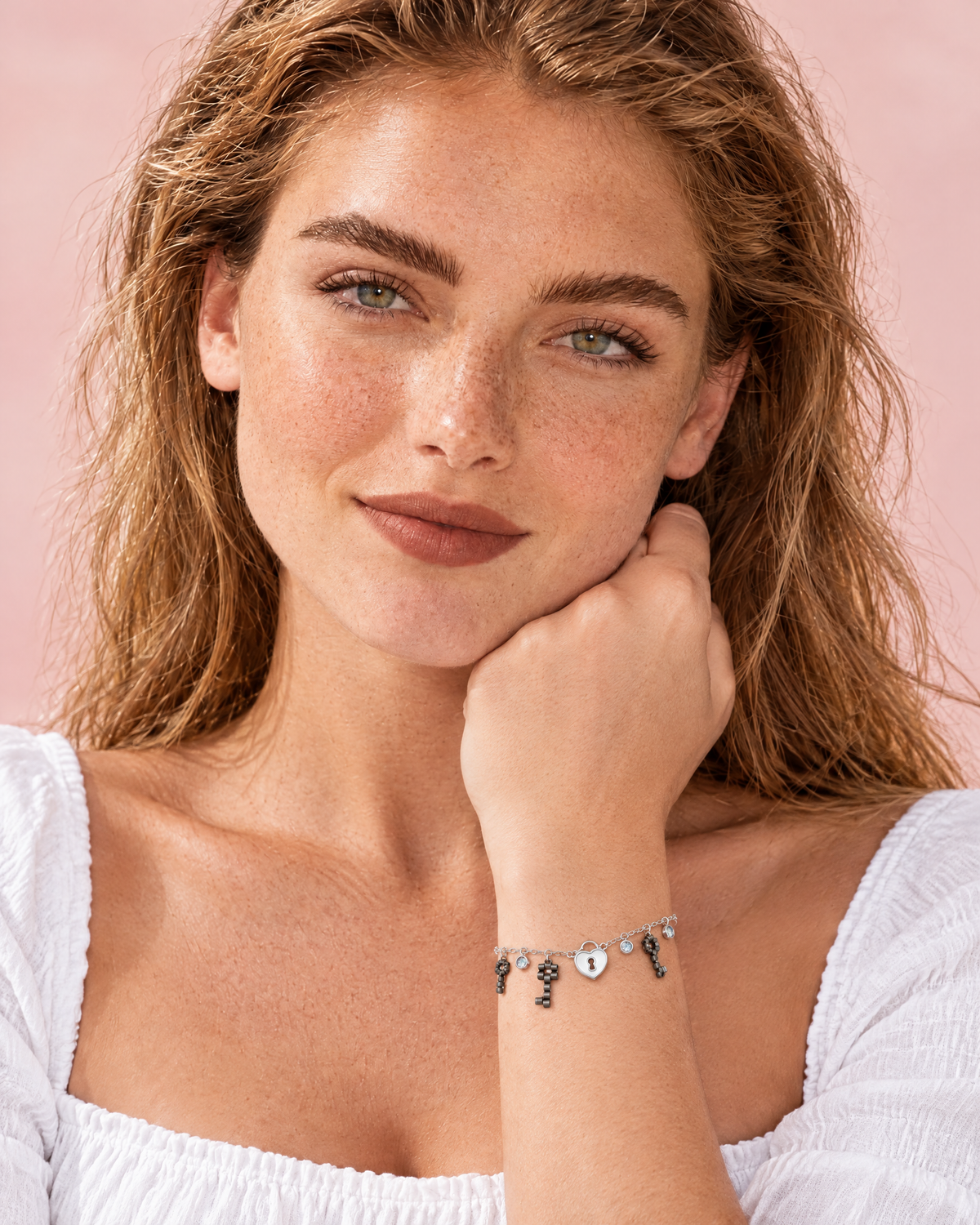 Heart Lock Charm Bracelet on wrist