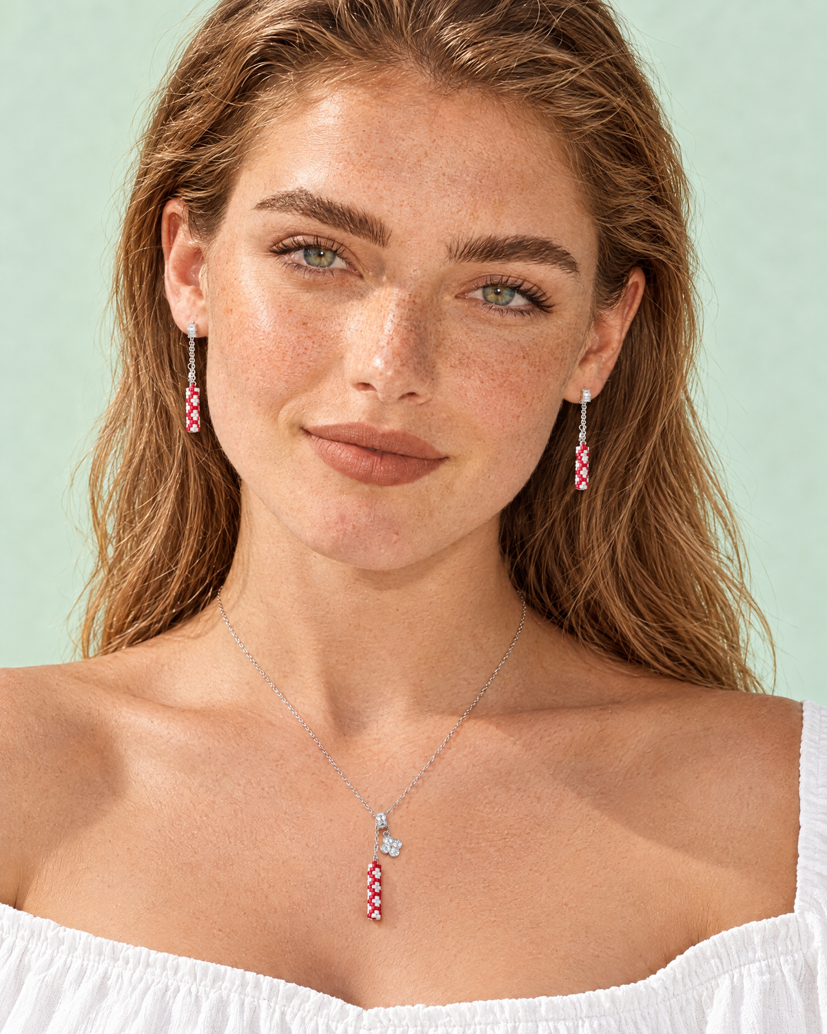 Candy Stripe Pendant and earrings worn