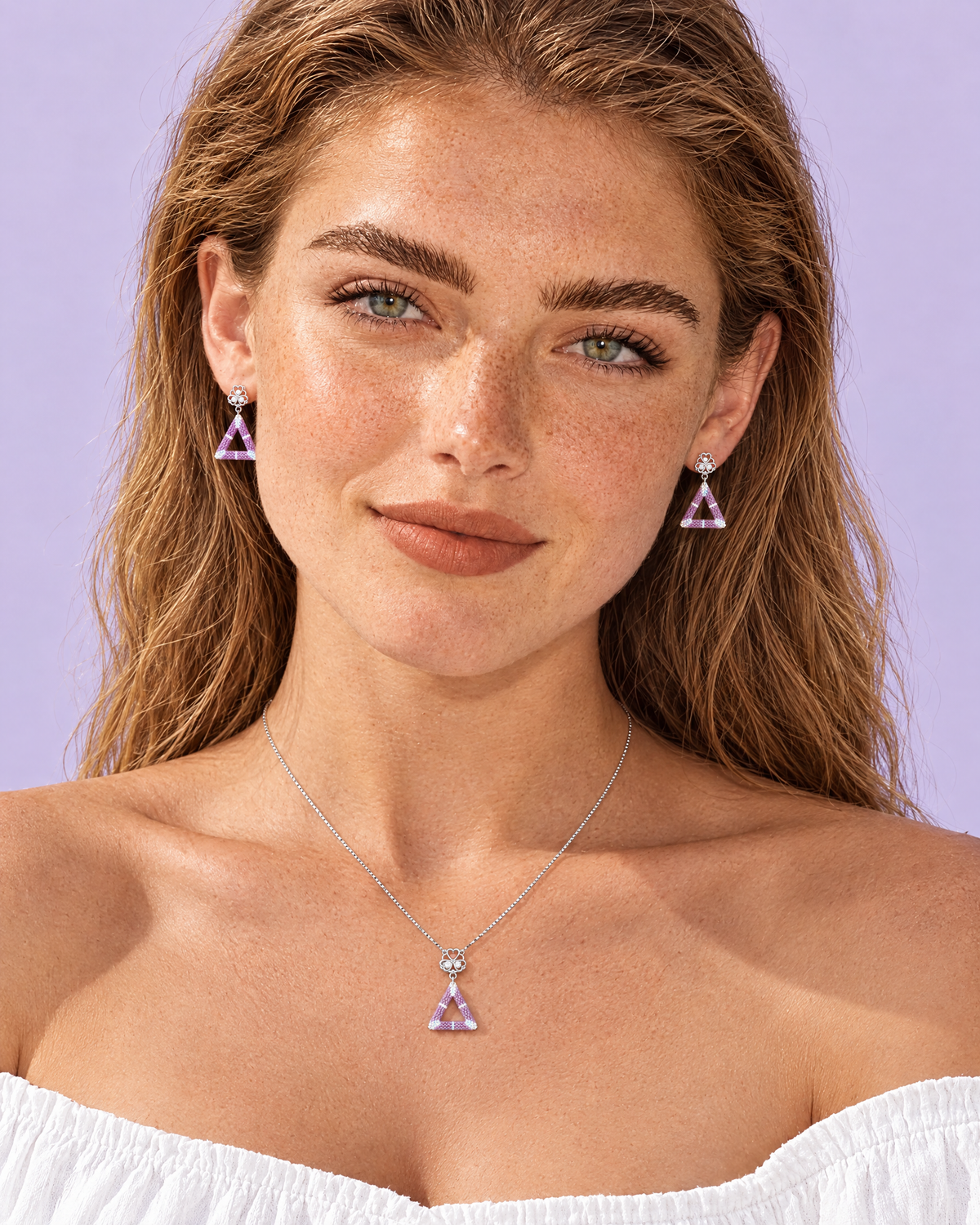 Lilac Triangle Pendant worn with earrings