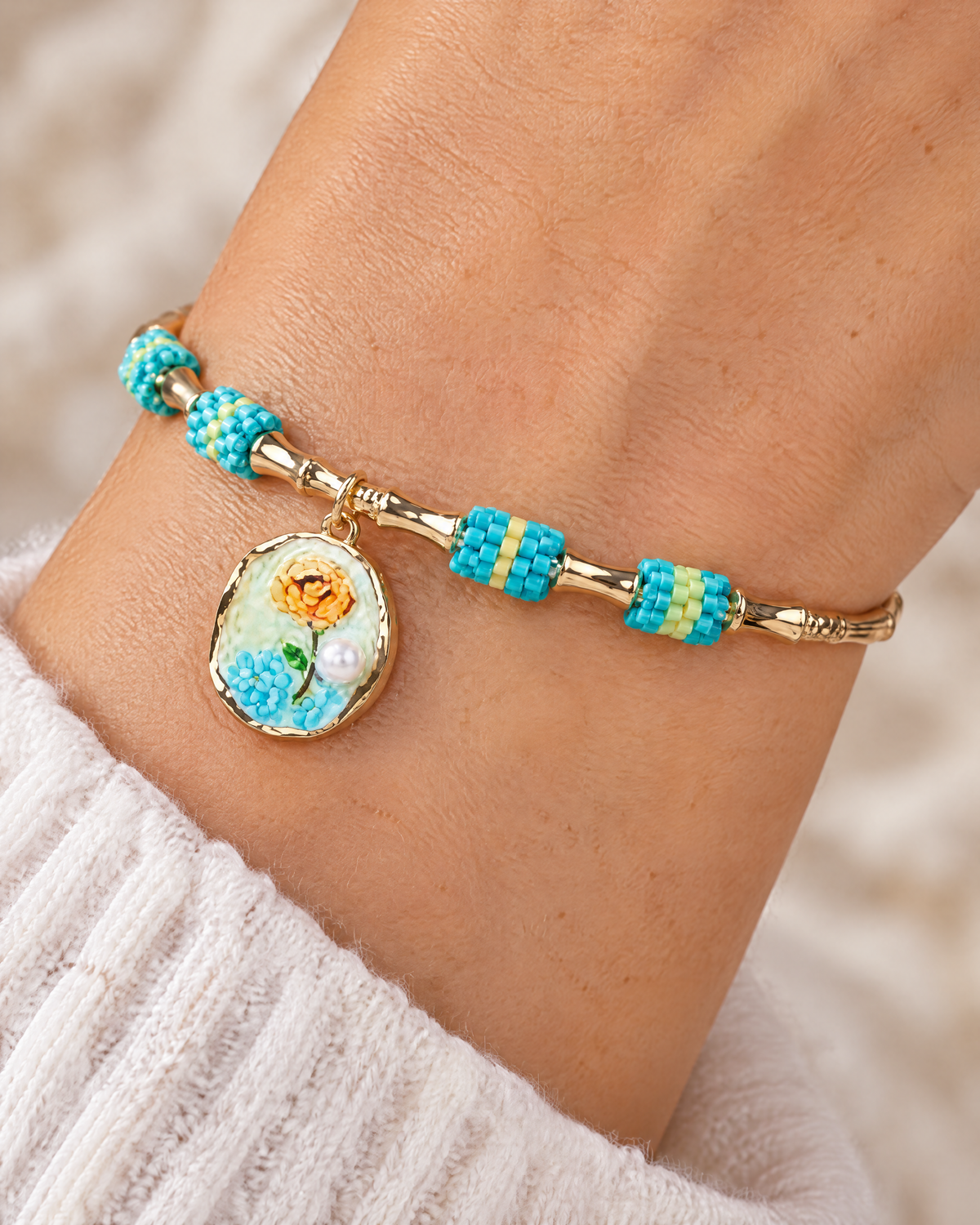 Turquoise Rose Charm Bangle - close-up